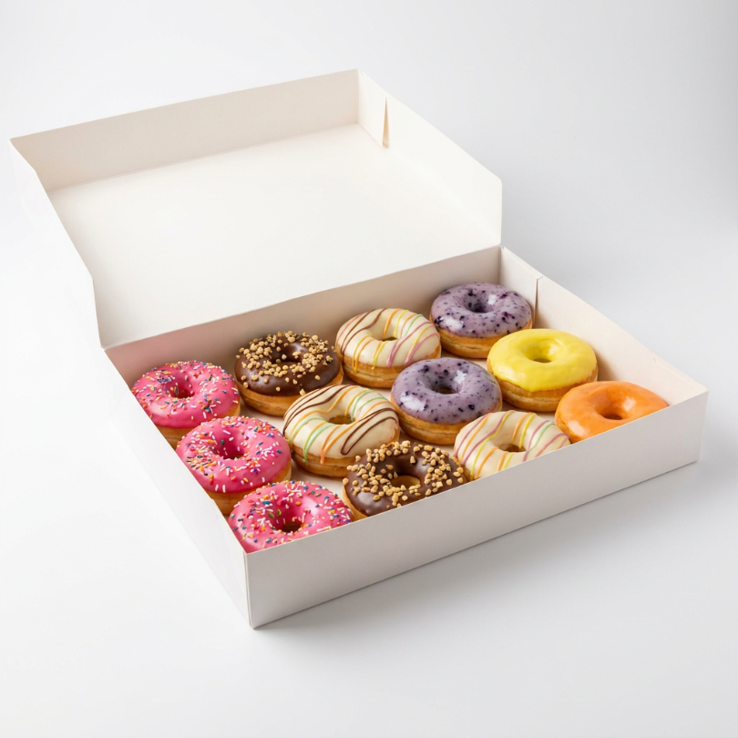 An open white cardboard box filled with assorted frosted donuts in pink, brown, yellow, orange, and purple glazes, arranged on a clean light grey background.