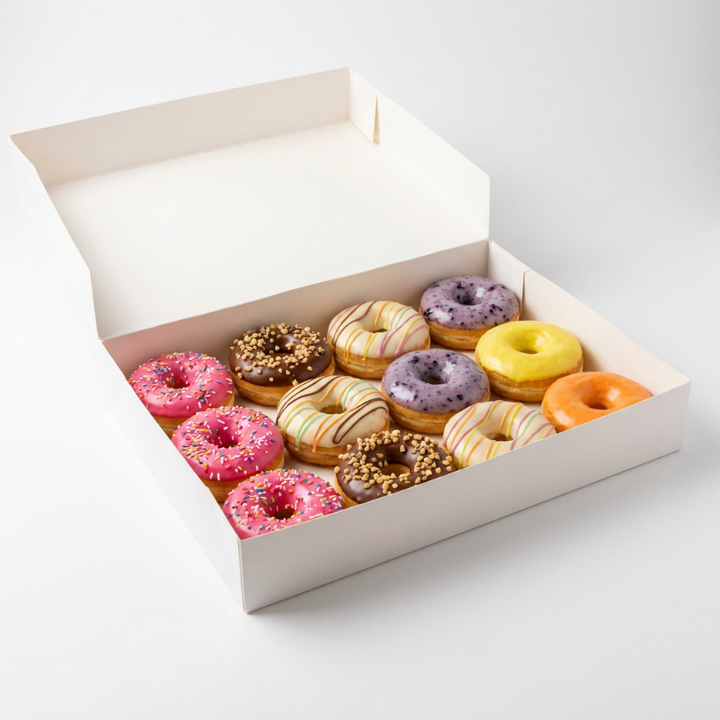 An open white cardboard box filled with assorted frosted donuts in pink, brown, yellow, orange, and purple glazes, arranged on a clean light grey background.
