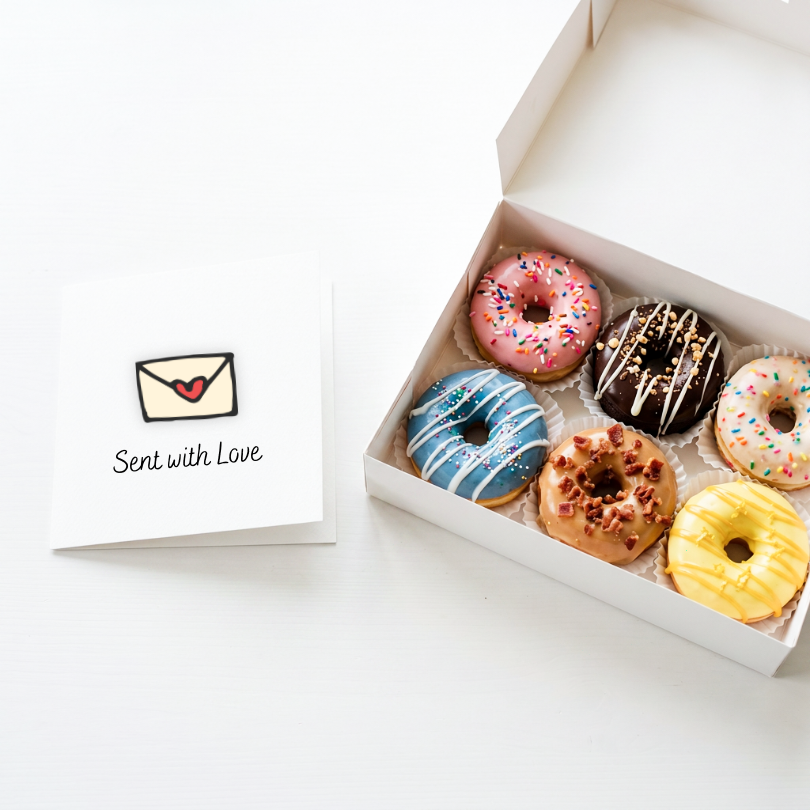A white gift box containing six assorted frosted donuts sits beside a small white card with an envelope illustration and the words 'Sent with Love' on a clean white background.