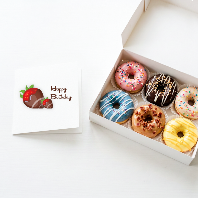 A white gift box filled with six assorted donuts sits beside a small white card that says Happy Birthday and shows strawberry chocolates illustration.