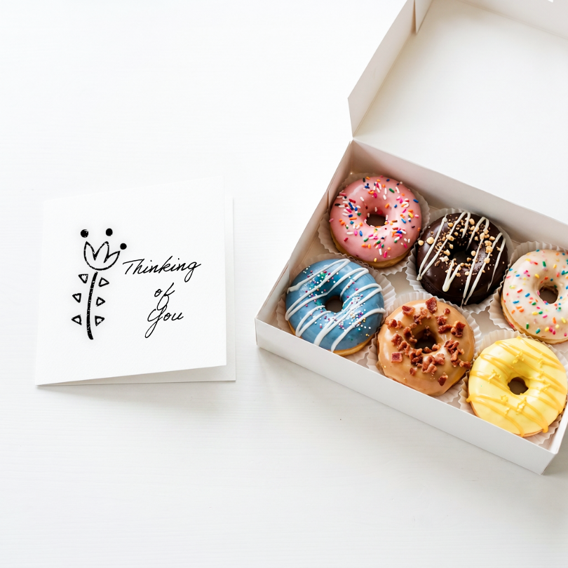 A boxed assortment of six frosted donuts sits open on a white surface beside a small white card with a simple flower drawing and the words 'Thinking of You.' The donuts include pink, chocolate drizzle, blue icing, tan glaze, yellow, and sprinkled varieties.