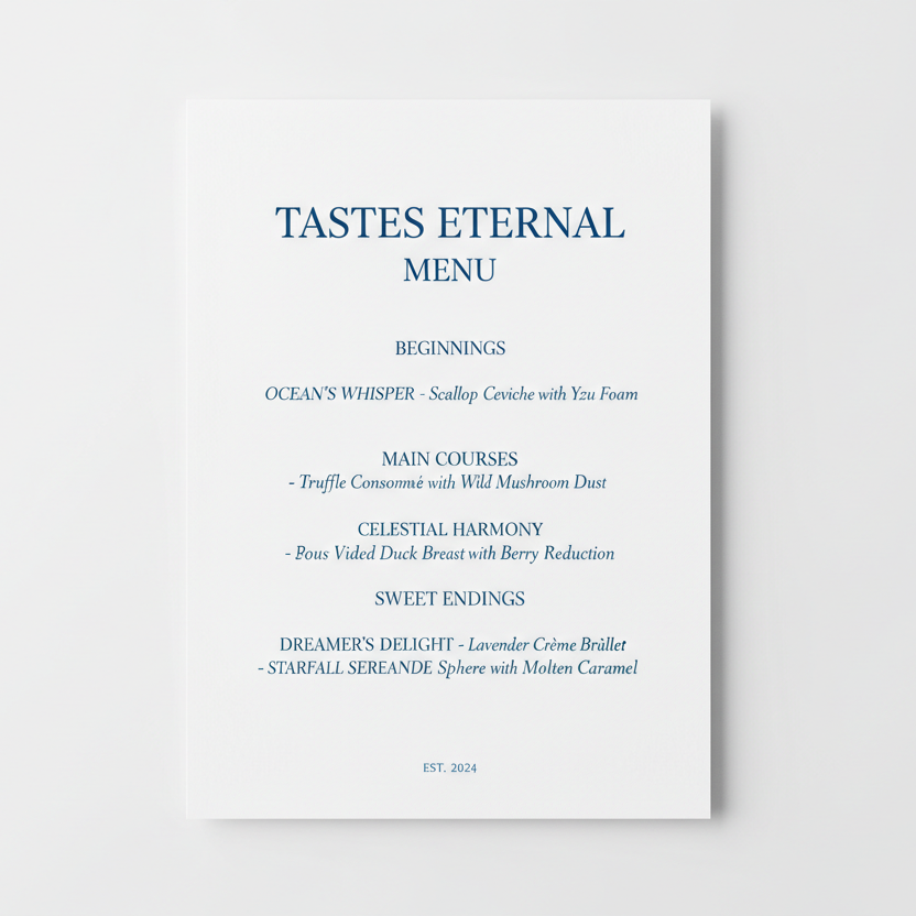 white menu card, blue font, no prices